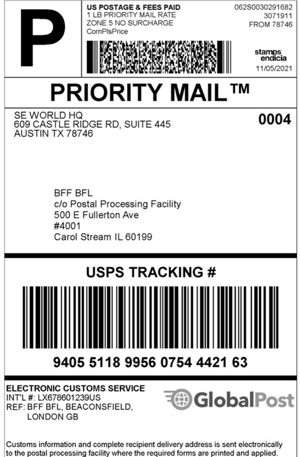 GAP label example showing Easy HQ return address