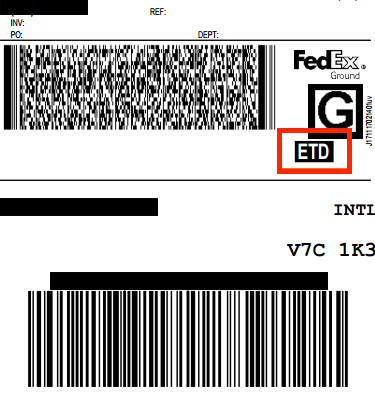 FedEx Ground Label highlighting "ETD" designation for Electronic Trade Document submission.
