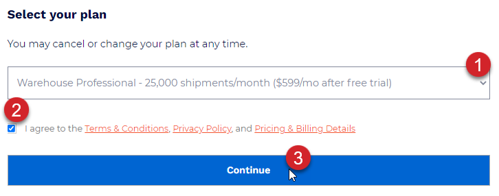 Select the plan, agree to the terms and click the continue button.