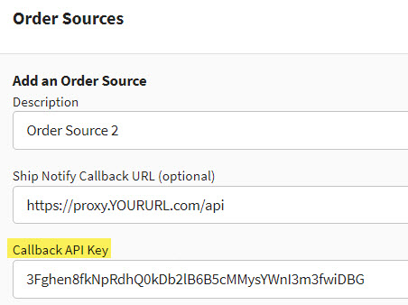The order sources dialog is displayed with the callback API key field highlighted.