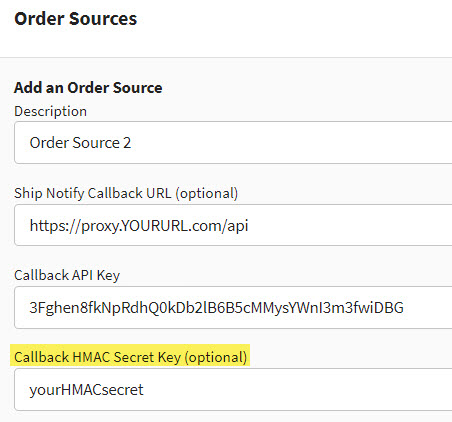 The order sources dialog is displayed with the callback HMAC secret key field highlighted.