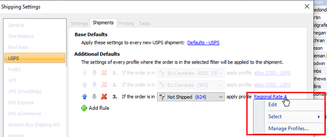 The Shipping Settings screen is open with USPS selected. The shipments tab is open and the Regional Rate rule is being edited.
