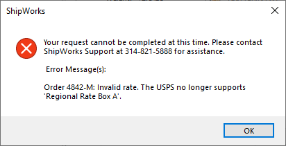 Error announcing that Regional Rate is no longer supported by the USPS.