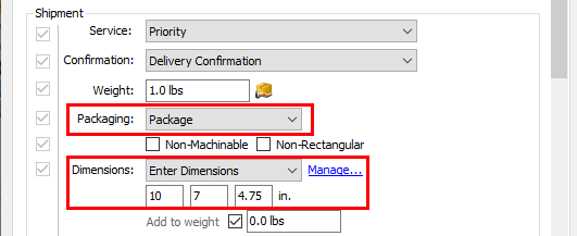 A shipping profile is open in the editor and the packaging is set to package. The dimensions are entered for the Regional Rate box A1.