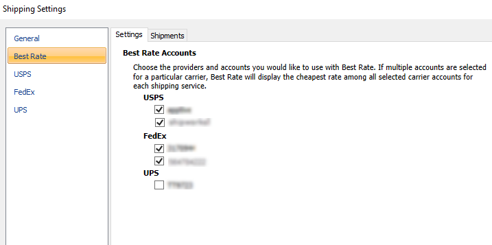 Shipping Settings screen showing accounts to include in Best Rate.