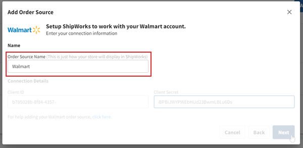 The Walmart add order source screen is shown with the order source name fields highlighted.