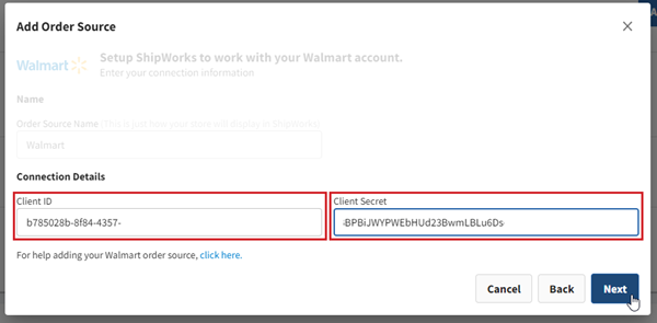 The Walmart add order source screen is shown with the client ID and client secret fields highlighted.