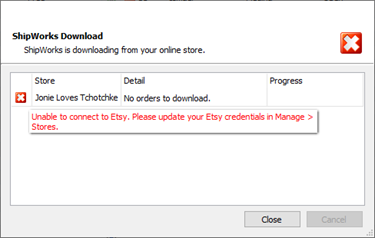 The ShipWorks download screen is shown, displaying the Etsy download error.