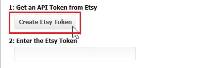 The create Etsy token button is highlighted on the store settings screen.