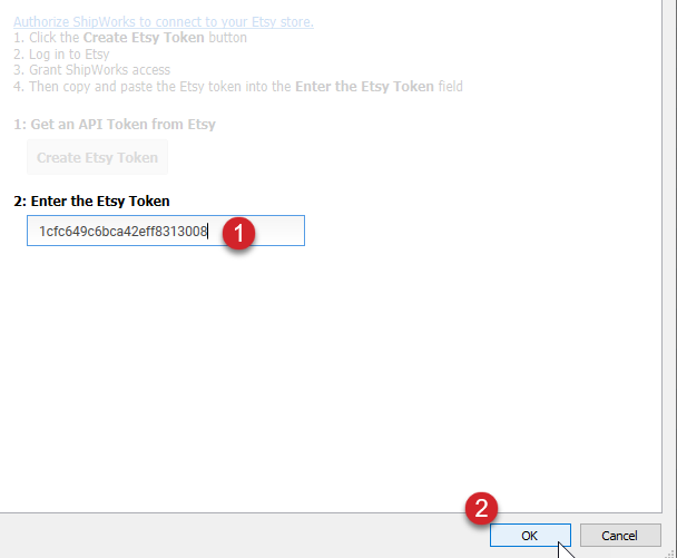 The Etsy token is pasted into the enter the Etsy token field and the OK button is selected.
