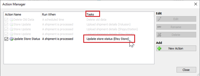 An update store status action is shown in the actions manager.