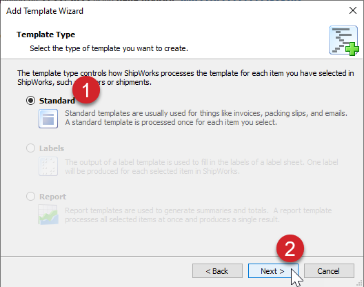 Standard is selected as the template type and the next button is being clicked.