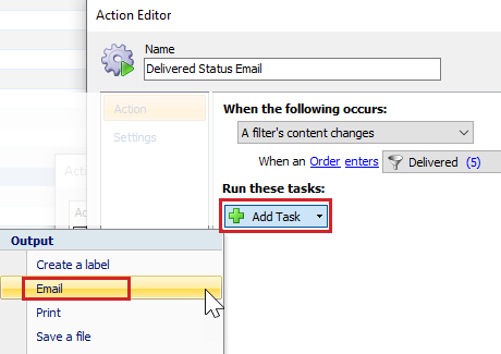 Click the add task button and select email.