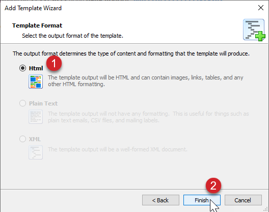 HTML is selected and the Finish button is being clicked.