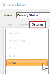 The template edit is open to the settings tab and email is selected in the left side menu.