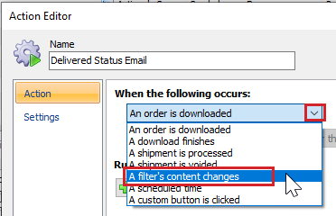 The action editor is open and 'a filters content changes' is selected as the action trigger.