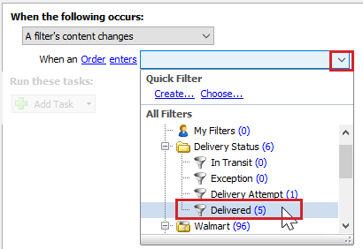 When an order enters drop-down menu is clicked and the Delivered status filter is selected.