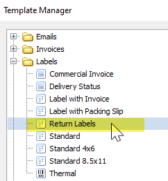 The template manager is open and the Return Labels template is selected.
