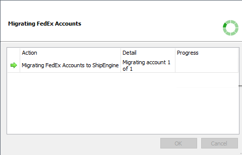 The migrating FedEx accounts modal is shown.