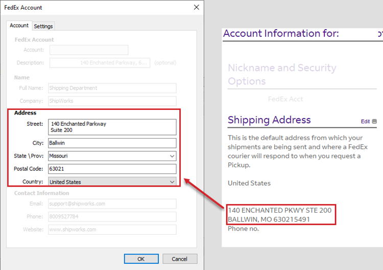 The address in ShipWorks and in the FedEx account are shown. They should match.