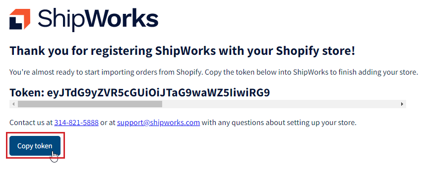 Click the copy token button on the Shopify token screen.