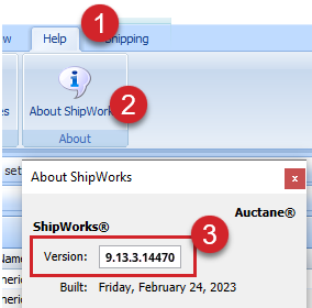 The ShipWorks Help screen is open and the version number is highlighted.