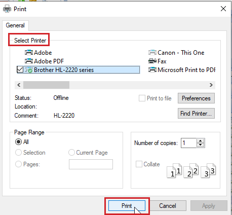 Print screen with Select Printer and Print button highlighted.