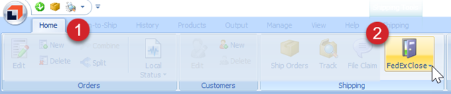 ShipWorks top menu with the Home tab and FedExClose button highlighted.