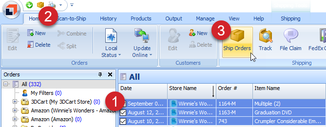 Select Orders, click the Home tab then the Ship Orders button.