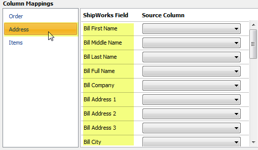 Column Mappings screen is shown with the ShipWorks fields highlighted