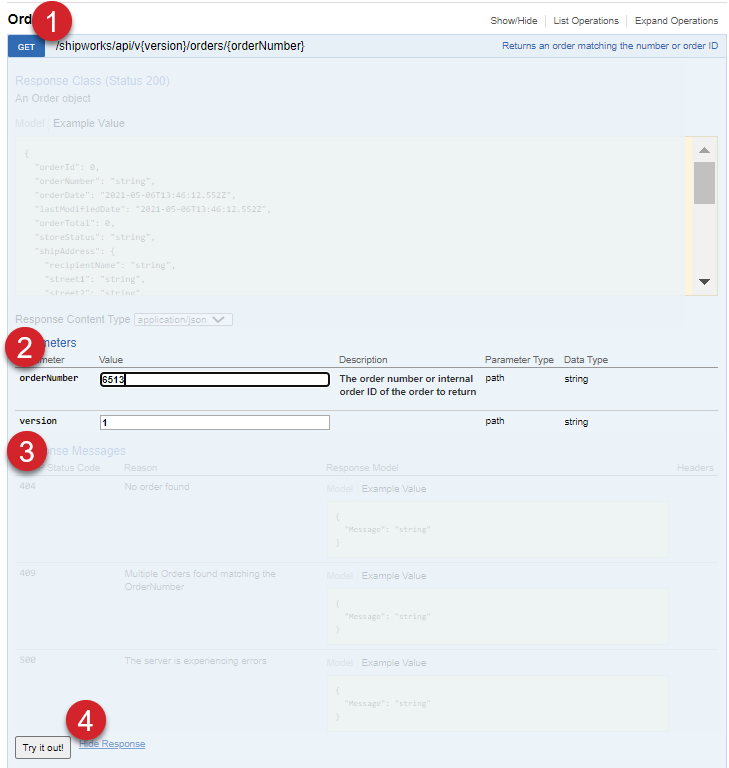 Click ​GET​ or ​POST​ in the ​Orders​​ section.​ ​Enter the order number of the ShipWorks order number into the ​orderNumber​​ field. Enter ​1​ into the ​Version​​ field. Click the ​Try It Now!​​ button.