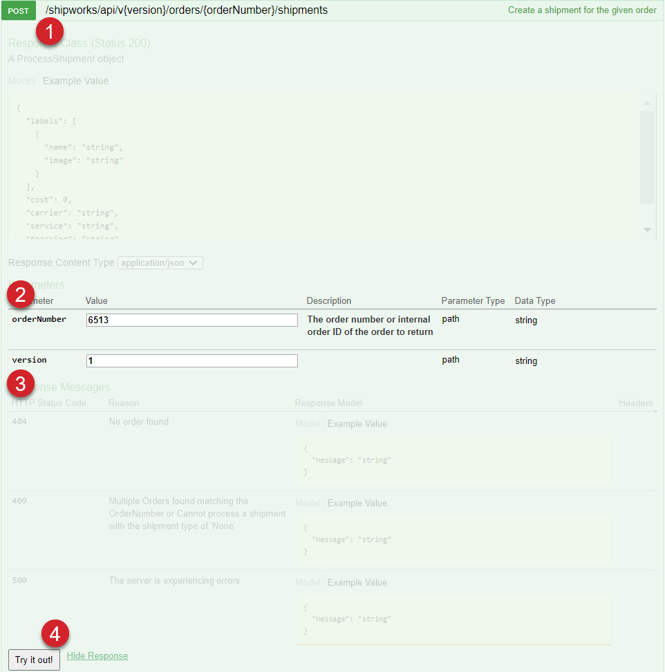 The post shipments window is open with post parameters entered and the try it out button selected.