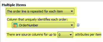 Configuring multiple line items so that items are on separate lines. The Order Number is specified as the unique identifier.