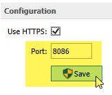 A port number is entered and the save button is being clicked.