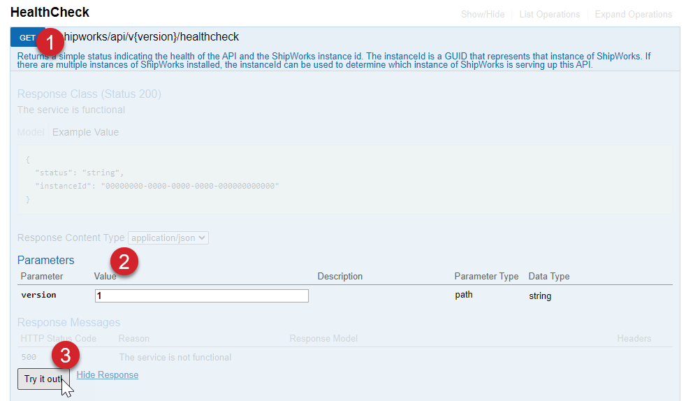 The health check window is displayed with the Get button highlights. The parameters section shows parameters entered and the try it now button is selected.