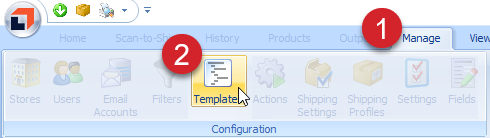 ShipWorks toolbar with the Manage section open and Templates selected
