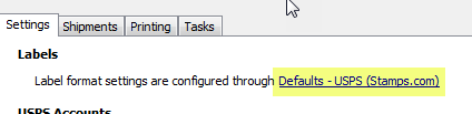 ShipWorks USPS Settings tab with Defaults - USPS (Stamps.com) highlighted