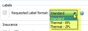 ShipWorks Shipping Profile screen with the Requested Label Format menu open