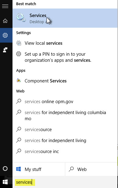 Windows search bar with "services" typed into the field and the Services option selected from the list