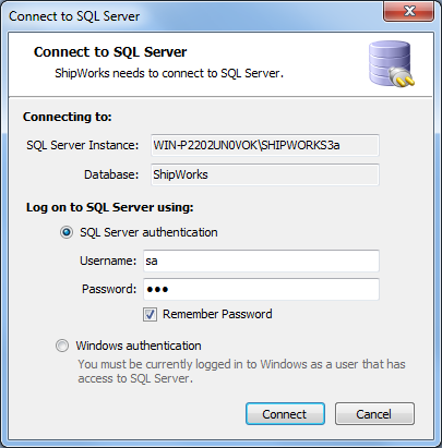 ShipWorks Connect to SQL Server screen showing the Server instance name