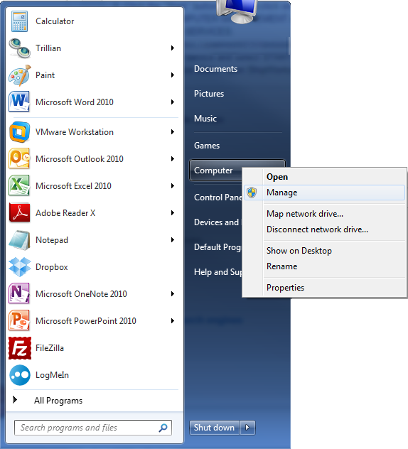Windows Start menu open with Computer selected and the contextual menu open, with Manage selected