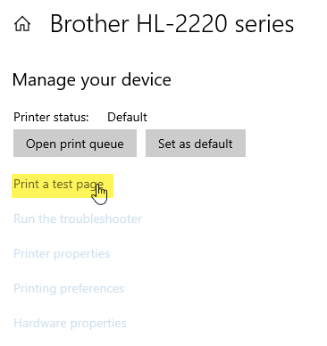 Manage Your Devices screen open with Print a test page selected.