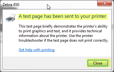 A test page has been sent to your printer success message