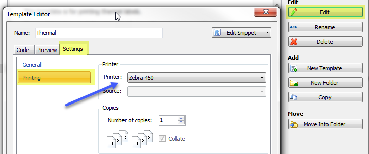 ShipWorks template editor with the Settings tab open and the Printer option set to the connected thermal printer