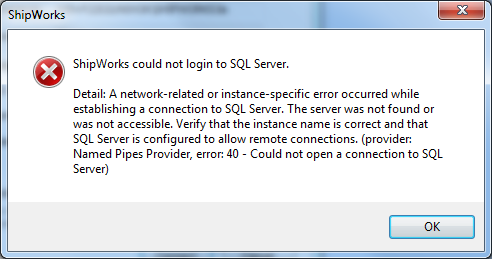Error message "ShipWorks could not login to SQL Server."
