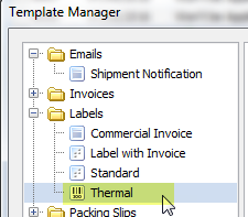 ShipWorks Template Manage open with Thermal selected under the Labels folder