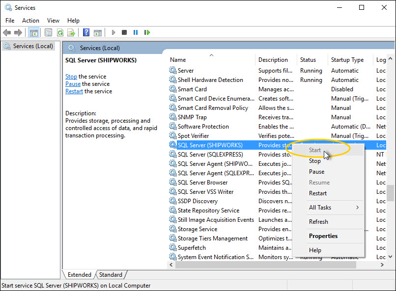 Windows Services screen with the SQL Service (SHIPWORKS) option selected and the contextual menu open showing the "Start" option selected