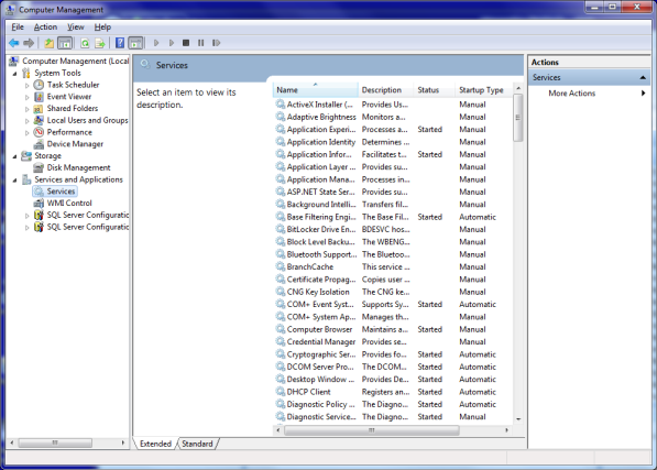 Windows Computer Management screen with the Services section open