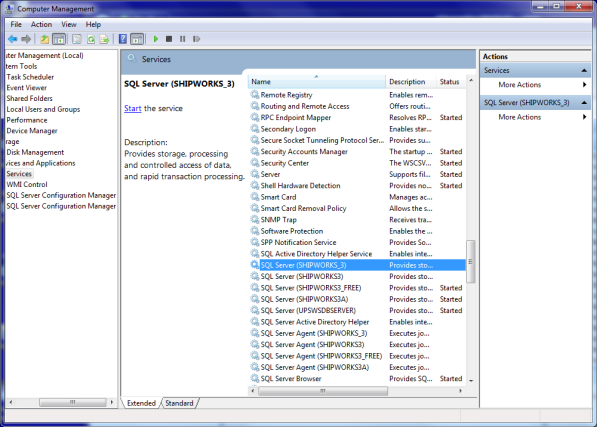 Windows Computer Management screen open to the SQL Server (SHIPWORKS) services