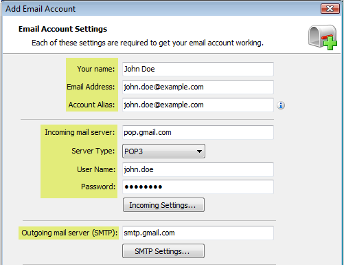 The email account setting screen is open. All required fields are highlighted.